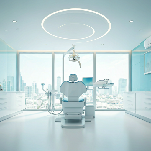 A bright, ultra-modern dental clinic interior with floor-to-ceiling windows and minimalist white furniture.
