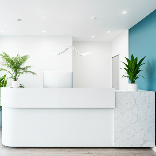 A clean and bright modern dental reception area with soft daylight streaming through large windows.