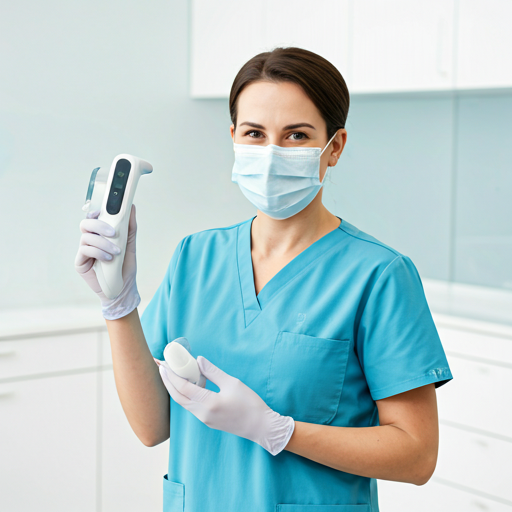 A professional and friendly dentist in a bright, modern clinic environment holding a digital scanning device.